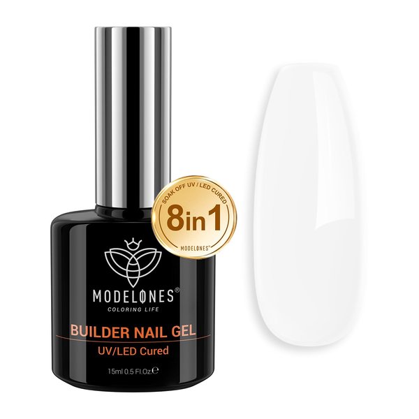 modelones Builder Nail Gel, Milky White Gel Builder for Nail Thickening, 8-in-1 Builder Nail Strengthener LED Nail Lamp Cured Hard Gel Color Base Gel Extension Gel False Nail Tips Glue Gel in a Bottle