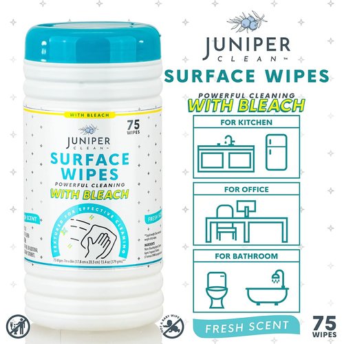 Juniper CLEAN 1 Pack Surface Cleaning Wipes with Bleach, All-Purpose Cleaner for Bathroom, Kitchen, Office, 75 Count Canister, Fresh Scent, Lint Free & Durable
