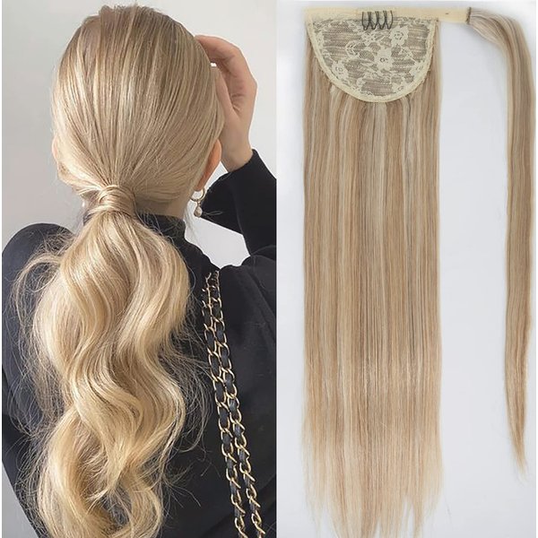Tinashe Ponytail Extension Human Hair 100% Remy Human Hair Wrap Around Ponytail Hair Extension Long Straight Clip in Ponytail Hair Piece with Magic Paste For Women Highlight #16/613 (#16/613, 22inch)