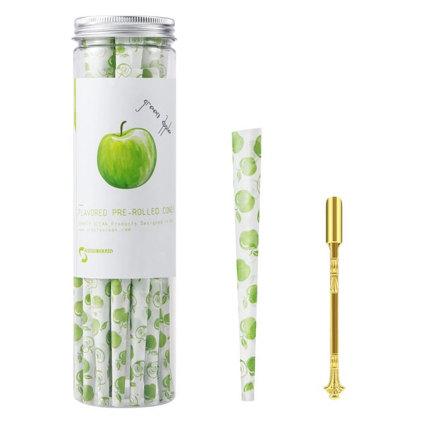 Ornate Ocean Pre Rolled Cones Flavored Cones 50 Pack | Flavored Cones King Size Cones with Tips Organic Rolling Papers | Gold Metal Mini Accessory (50 Pack Travel Kit) (Green Apple)