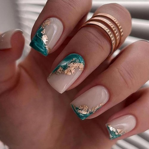 AkiliBIELY Medium Square Press on Nails Green Gold Bare Fake Nails Short Pink Glue on Nails Fantasy Women Stick on Nails Acrylic Gel Classy False Nails Wedding Birthday
