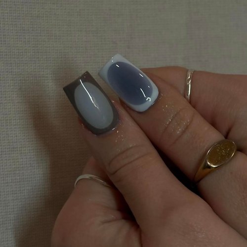 SINHOT French Tip Press on Nails Long Square Fake Nails Blue Chrome Acrylic Nails Glossy Glue on Nails Squoval Artificial Nails Stick on False Nails with Design 24 pcs