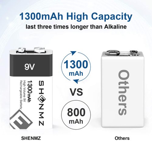 9V Rechargeable Batteries, USB 9 volt lithium batteries, 1300mAh [11700 mWh] Long Lasting Li-ion 9V volt Battery for smoke alarms, Multimeters, Microphones, walkie-Talkie,Toys,Guitar,Keyboard -4 Pack