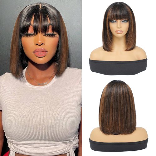 Civrie Highlight Straight Bob Wig Human Hair with Bangs Glueless 2.5x1 Transparent Lace Bob Wigs with Upgrade Breathable Bangs for Women Wear and Go Short Bob Wigs With Bangs Easy to Wear 12 Inch