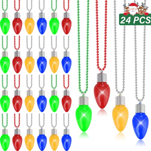 24pcs Christmas Necklace Bulk, Light up Christmas Bead Necklace with Bulb Pendant, Green Yellow Red Blue Bead Necklaces Accessories Bulk, Christmas Bead for Xmas Ugly Sweater New Year Party Supplies