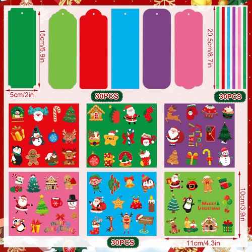 JUNEBRUSHS 30 Sets Christmas Craft Kits, DIY Christmas Bookmarks Craft with Assorted Snowman Santa Gingerbread Stickers Christmas Ornament Crafts Classroom Activities Party Favors
