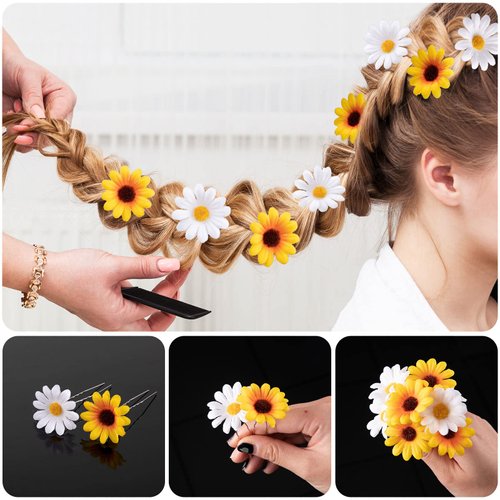 Whaline 16Pcs Sunflower Hair Wreath Hair Clip Set Sunflower Daisy Hair Headband Bridal Hair Headpiece Floral Hair Barrettes Hair Pins Spring Summer Hair Accessories for Girls Women Wedding Party