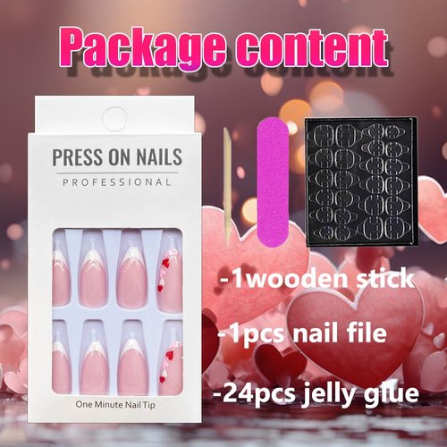 Valentine's Day Press on nails Short Almond Fake Nails Acrylic French Red White Pink Love Heart Design Fashion Romantic Valentine's day Nail Decoration for Nails for Women and Girls 24 Pcs