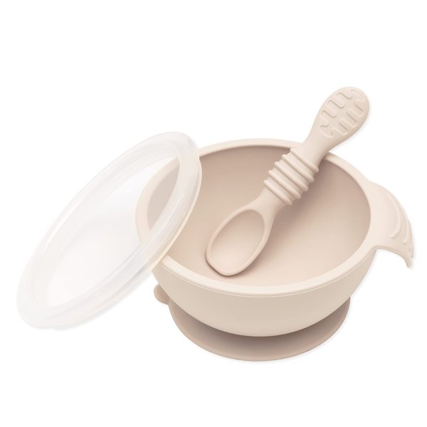 Bumkins Baby Bowls, Silicone Baby Feeding Set, Suction Bowls for Baby and Toddler with Spoon and Lid, First Feeding Set, Platinum Silicone Bowl for Babies 4 Months Up