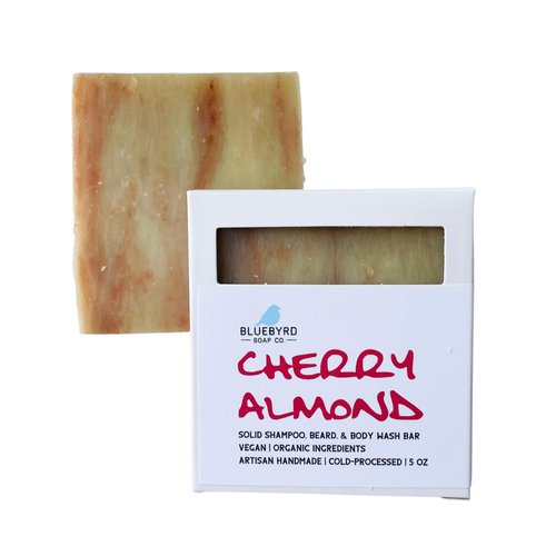 Bluebyrd Soap Co. Cherry Almond Aloe Soap Bar for Men | Vegan All in One Shampoo Beard & Body Wash | Made with Organic Aloe & Bentonite and Kaolin Clay | For All Skin & Hair Types | USA Made (CHERRY)