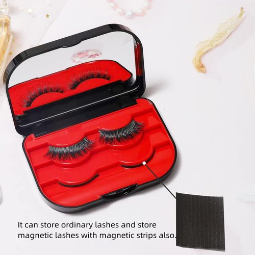 3 Tier Eyelash Storage Case Lash Dime Organizer Holder Box with Mirror Makeup Cosmetic Travel Case Empty and Eyelash Tweezer False Lash Container (Black Red))