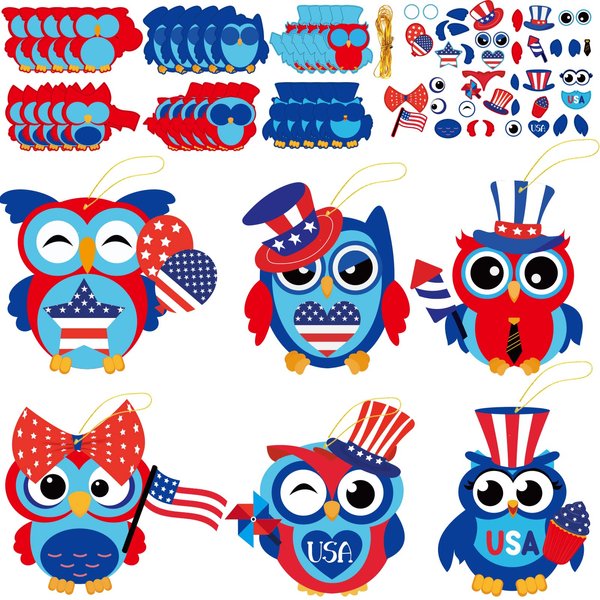 30 Sets 4th of July Craft Kits Kids DIY Patriotic Owl Craft Preschool Art Craft Project, Make Your Own USA Flag Owl Bulk Set for Home Classroom Day-Care Game Activities
