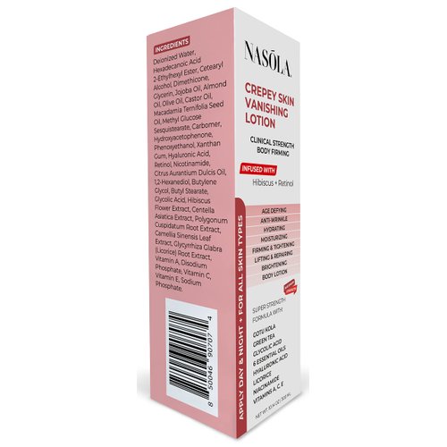 Nasola Crepe Erase Advanced Body Repair Treatment Lotion with Retinol and Hibiscus, Skin Tightening and Lifting Cream Moisturizer for Dry Aging Skin includes Vitamin A, E, C, and Green Tea, 10.14 Oz