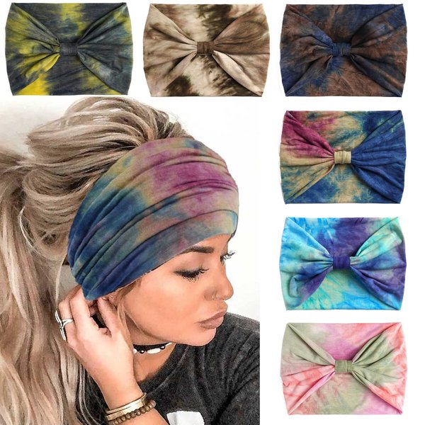 QUEXIAOMIN Extra Wide Headbands for Women,Boho Headband Non Slip Tie Dye Head Wraps Thick African Style Turban Head Band Knotted Bandana Headbands,Pack of 6 (Set A)