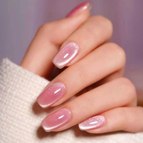 Short Square Press on Nails Pink Cat Eye Fake Nails with Glitter Design Acrylic False Nails Artificial Nails Glossy Glue on Nails Full Cover Stick on Nails for Women Girls Manicure Art 24Pcs