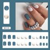 RTKHFZE Blue Press on Nails Short Square Fake Nails Glossy Glue on Nails Full Cover White False Nails with Glitter Designs Short Acrylic Stick on Nails for Women and Girls, 24PC