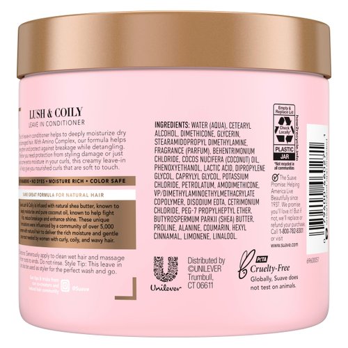 Suave Leave-In Conditioner, Lush & Coily, 2-Pack – Coconut Oil, Shea Butter & Amino Complex Natural Hair Care Products, Anti-Frizz, 13.5 Oz Ea