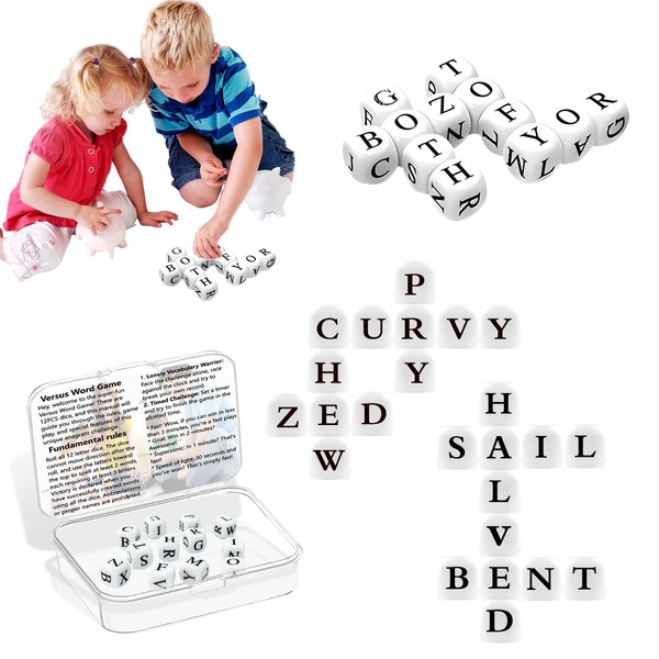 Bpwasxda 2024 Upgraded Crossword Solitaire Dice Game with Instructions, Game Word Dice with Twelve Dice Letters, Letter Tiles for Camping Games, Christmas Party Games (White+Black 24pcs)
