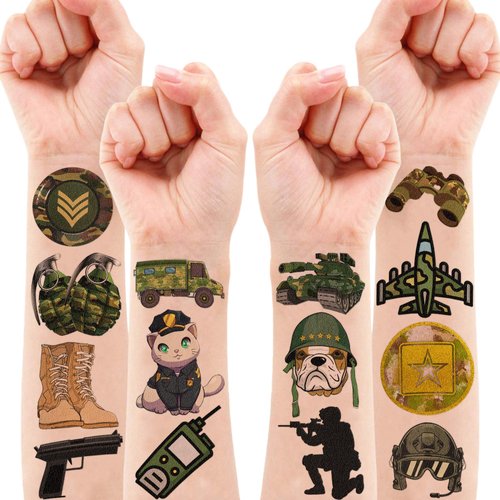 Camo Army Temporary Tattoos - Memorial Day 80PCS Military Camouflage, Veterans Day Themed Stickers for Kids Birthday Party Supplies, Decorations, Favors and Prizes - Cute Gifts for Boys and Girls