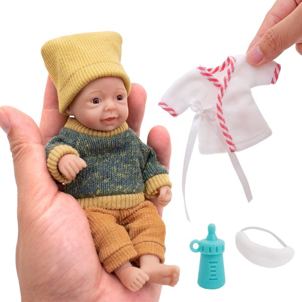 Reborn Baby Doll 6 Inch Silicone Boy Doll Mini Reborn Baby Palm Doll Realistic Full Silicon Body Stress Relief for Adults Hand Made(1 Doll+2 Sets Clothes)