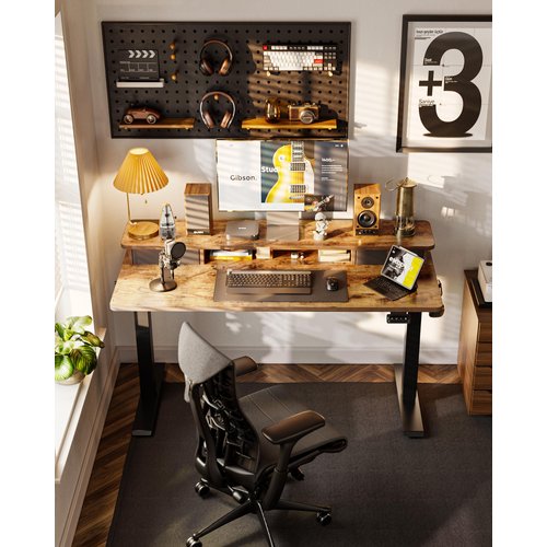 FEZIBO 55 x 24 Inch Height Adjustable Electric Standing Desk with Double Drawer, Stand up Desk, Home Office Computer Desk with 4 Height-Adjustable Feets & 2 Hooks, Rustic Brown