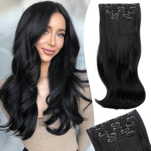 Isaic Clip in Hair Extensions, Black Hair Extensions Clip in Wavy Layered 16 inch 5PCS Synthetic Hair Extensions Invisible Lace Weft Thick Long Hairpiece for Women Daily Use