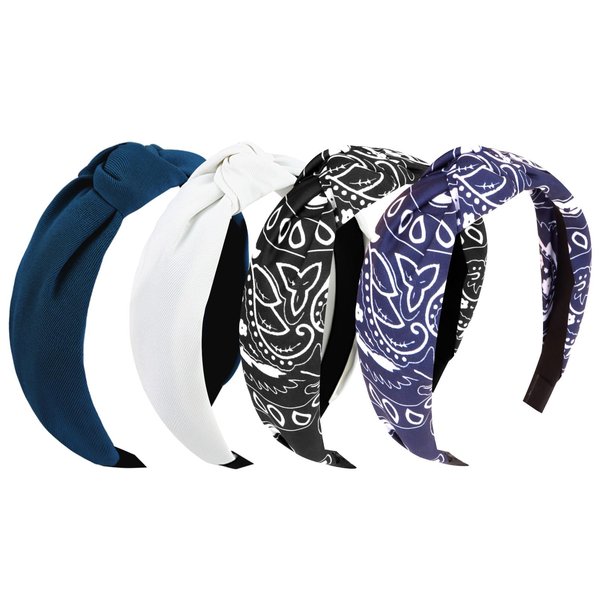 YISSION 4PCS Knotted Headbands for Women Girls Non Slip Bandana Head Bands Top Knot Headband for Women Black White Blue Headband Hair Accessories for Women