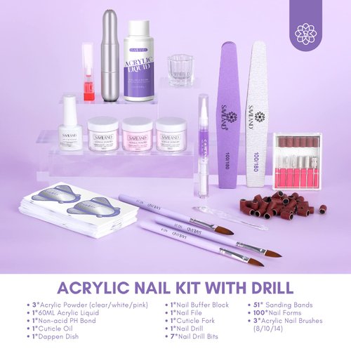 SAVILAND Acrylic Nail Kit with Drill: Clear/Pink/White Beginner Nail Kit Acrylic Set, Professional Acrylic Powder and Liquid Set Cuticle Oil for Nail Extension Home DIY Easy to Use Acrylic Kit
