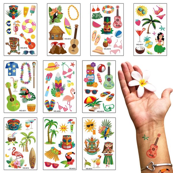 10 Sheets Hawaiian Temporary Tattoos Summer Topic Coconut Tree Temporary Tattoo Sticker Guitar Tattoo for Men Women Summer Holiday Sea Beach Party Favor Makeup Costume Supplies