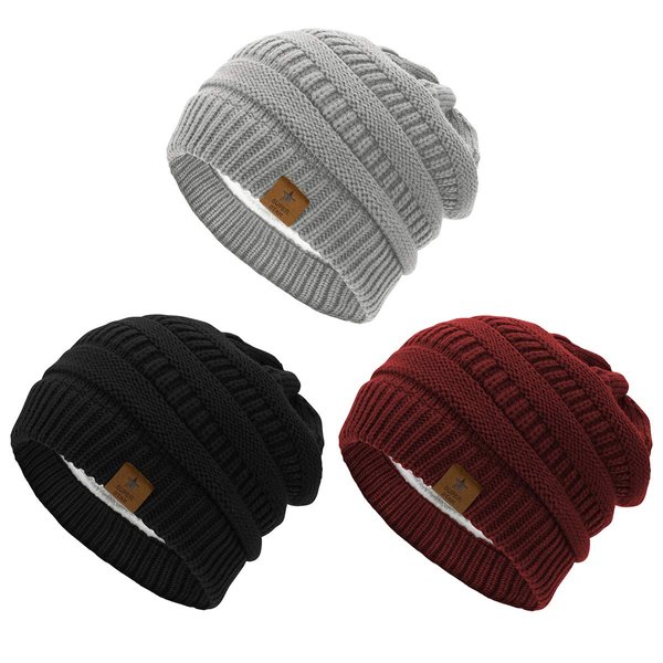 Durio Womens Beanies Fleece Lined Slouchy Beanie for Women Solid Warm Knitted Winter Beanie Hats Caps for Skiing Snowboarding Black & Light Grey & Burgundy One Size