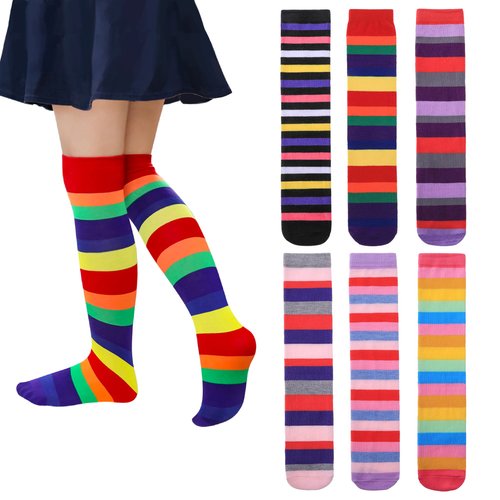SDBING 3-12 Years Old Girls Knee High Socks Kids Cute Funny Animal Pattern Long Boot Socks 6 Pairs (6 Pairs of Rainbow)