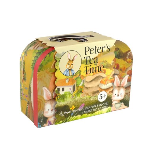 Regal Games Peter's Tea Party Set - Peter Rabbit Designed Kid's Tea Time Set - Includes 1 Teapot, 4 Cups, 4 Saucers, 1 Platter & Storage Case - Ideal Birthday & Easter Gift for Ages 5+