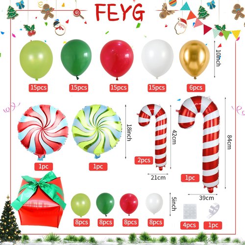 Green Red Christmas Balloon Garland Kit, Christmas Balloon Garland Arch Kit with Green Red Balloon Balloon Candy Cane Foil balloon for Christmas Party Decorations New Year Party Supplies