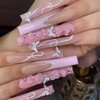 MISUD Press on Nails Extra Long Square Fake Nails Glossy Glue on Nails Pink French Tip Acrylic Nails Squoval Artificial Nails Rhinestone Stick on False Nails with Flower Design 24 pcs
