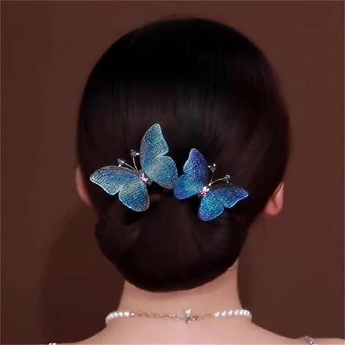 Ins Style Elegant Lazy Hair Curler, Crystal Hair Bun Maker, French Twist Hairstyle Bun Hair Accessories (Blue Butterfly)