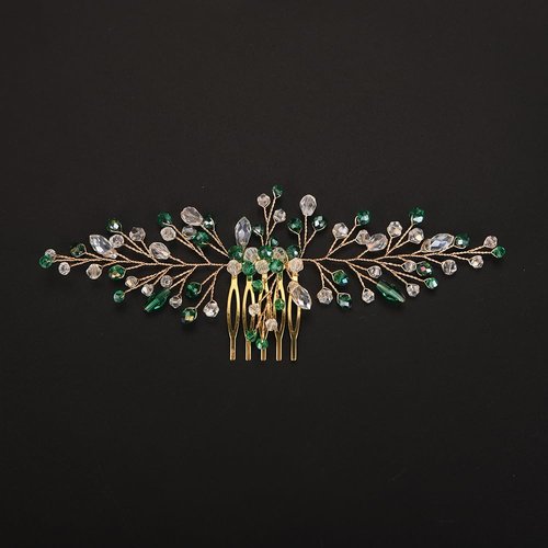 Teyglen Gold Rhinestone Wedding Hair Comb Bridal Green Crystal Hair Comb Handmade Crystal Hair Piece Hair Accessories for Women