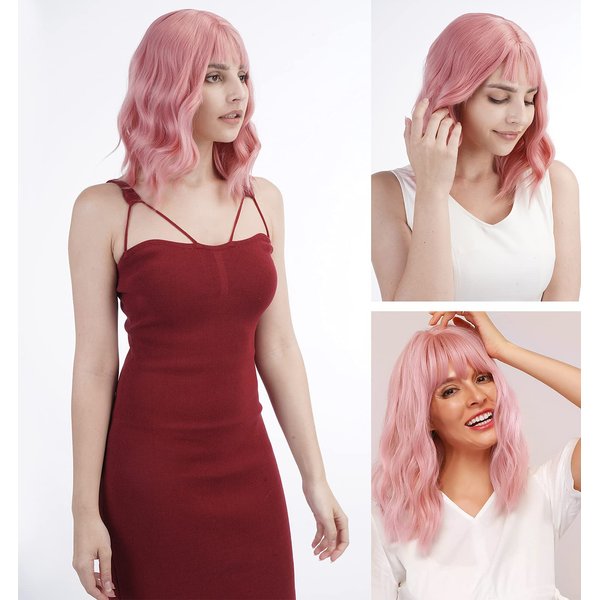 Wigs For Black Women, Bob Synthetic Wig, Light And Breathable, No Knot, Anti-Falling. Suitable For Work, Live, Party, Cosplay(200% Density),Gift: Wig Stand, Wig Brush, Wig Cap (15", Pink)