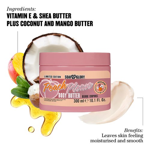 Soap & Glory Peach Please Body Butter - Peach Blossom Body Cream Formulated with Coconut Butter, Vitamin E & Shea Butter - Rich Moisturizing Cream for Dry Skin (300ml)