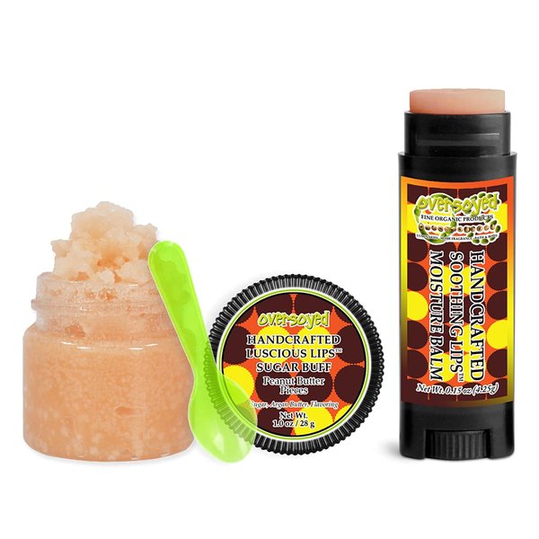 Peanut Butter Pieces Soothing & Luscious Lips by OverSoyed Exfoliator & Chapped Lip Repair Lip Care Combo | Artisan Handcrafted to Order Peanut Butter Vanilla Sugar Flavored Exfoliating Sugar Lip Scrub & Lip Moisturizer Balm Gift Set