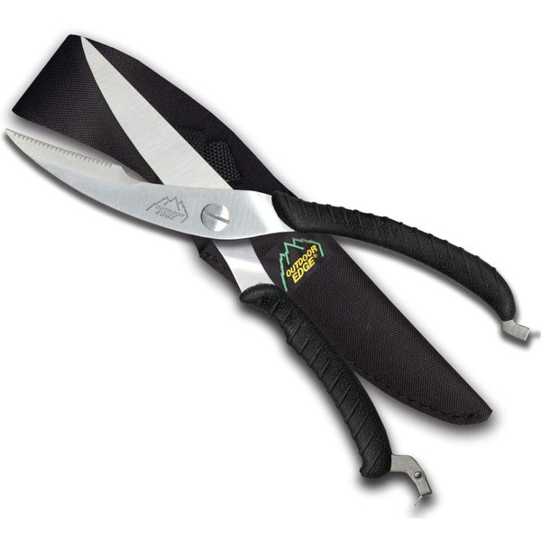 Outdoor Edge Game Shears - Spring Loaded with Serrated Edge and Bone-Breaking Notch for Quartering Birds, Small Game, and Fish with Nylon Belt Sheath