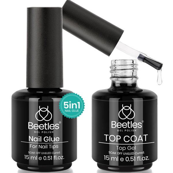 beetles Gel Polish 5 in 1 Nail Glue Base Gel and No Wipe Top Coat Kit 2PCS 15ML for Gel Nails Easy Nail Extension Gel, Soak Off LED Gel Shine Finish and Long Lasting