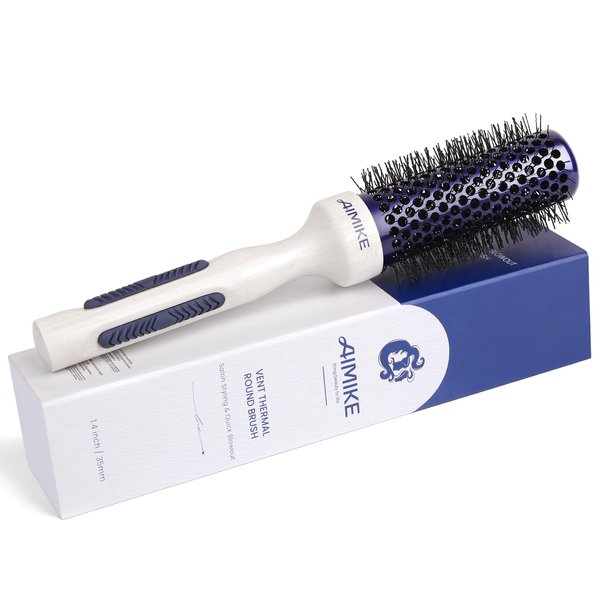 AIMIKE Round Brush for Blow Out - Small Nano Ionic Tech Round Brush, Ceramic Round Brush for Blow Drying, Styling and Boost Volume, Natural Wood Round Hair Brush, One Piece Design - 1.4 Inch/35mm