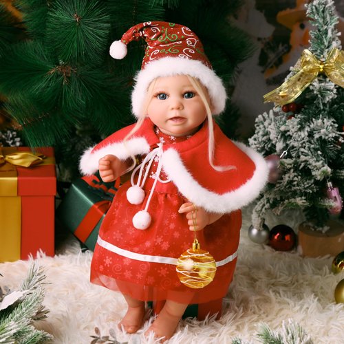 BABESIDE 4 Pcs Reborn Baby Doll Clothes Accessories Set for 17-22 Inch Dolls, Baby Doll Christmas Dress with Doll Christmas Hat Doll Christmas Cape for Realistic Baby Doll Girls, Christmas Style