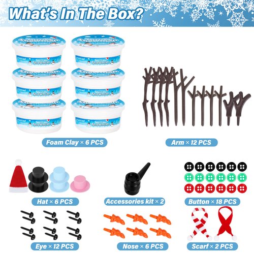 EOBOH 6 Pack Christmas Craft Snowman Kit, DIY Snowman Craft Kit for Kids, Build a Snowman Indoor Decor, Creative Air Dry Modeling Clay, Xmas Activities Snowman Making Kit for Toys Favors