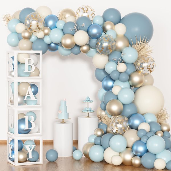 153pcs Dusty Blue Balloon Baby Shower Decorations for Boy with Baby Boxes, Blue Balloon Arch Kit Baby Boxes with Letter (A-Z+Baby) for Boho Baby Shower Boy Birthday Gender Reveal Party Supplies