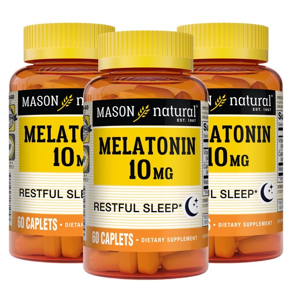 MASON NATURAL Melatonin 10 mg with B6 and Calcium - Natural Sleep Aid, Supports Healthy Sleep & Rest, 60 Caplets (Pack of 3)