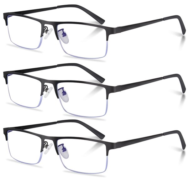 Anourney 3-Pack Reading Glasses for Men, Lightweight Metal Half Frame Blue Light Blocking Computer Readers,Filter UV Ray/Computer Glare with Spring Hinge Eyeglasses(3PCS Black,+2.0)