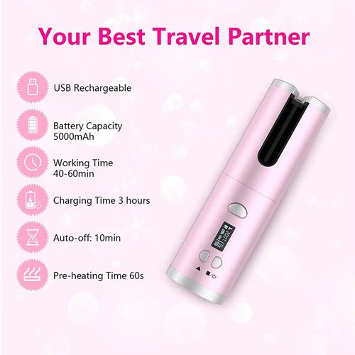 DENZED Automatic Curling Iron, Automatic Hair Curler USB Rechargeable Cordless Auto Curling Iron with LCD Temperature Display Hair Iron Styler