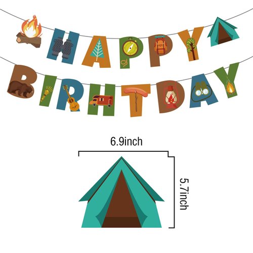 DIADARL Camping Happy Birthday Banner, Fun House Banner with Campfire Tent Oil Lamp Adventure Camping Boys Girls Camping Birthday Party Supplies One Happy Camper, Outdoor Camping Birthday Decorations
