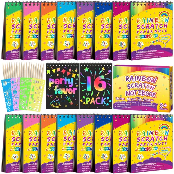Christmas Party Favors Gift for Kids: 16 Pack Rainbow Art Scratch Notebook, Colorful Craft Scribble Paper Goodie Bags Kit, Stocking Stuffers for Girl Boy Children Birthday Xmas